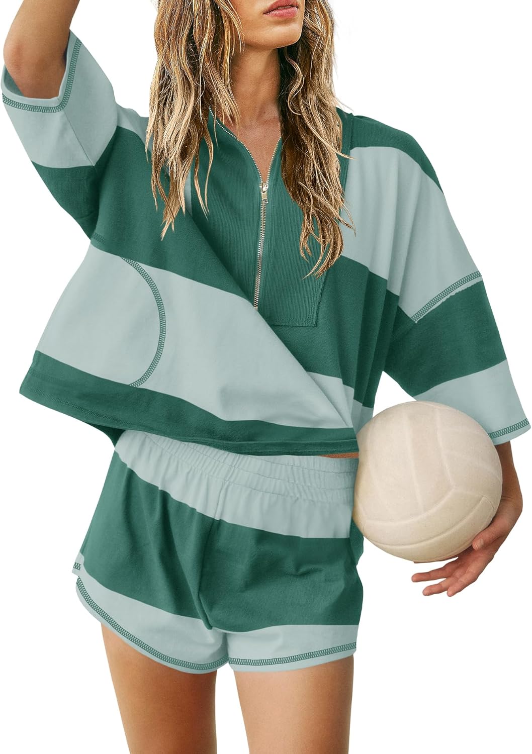 Women's Quarter Zip Color Block Top & Shorts Matching Set-S.fashion