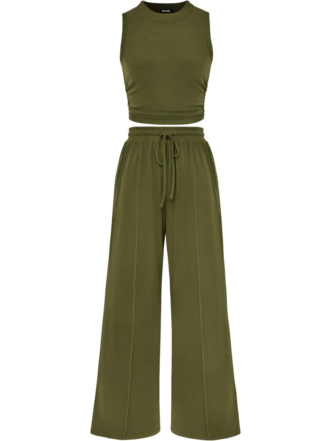 Women Sleeveless Cropped Top Elastic Waist Wide Leg Pants 2 Piece Set-S.fashion