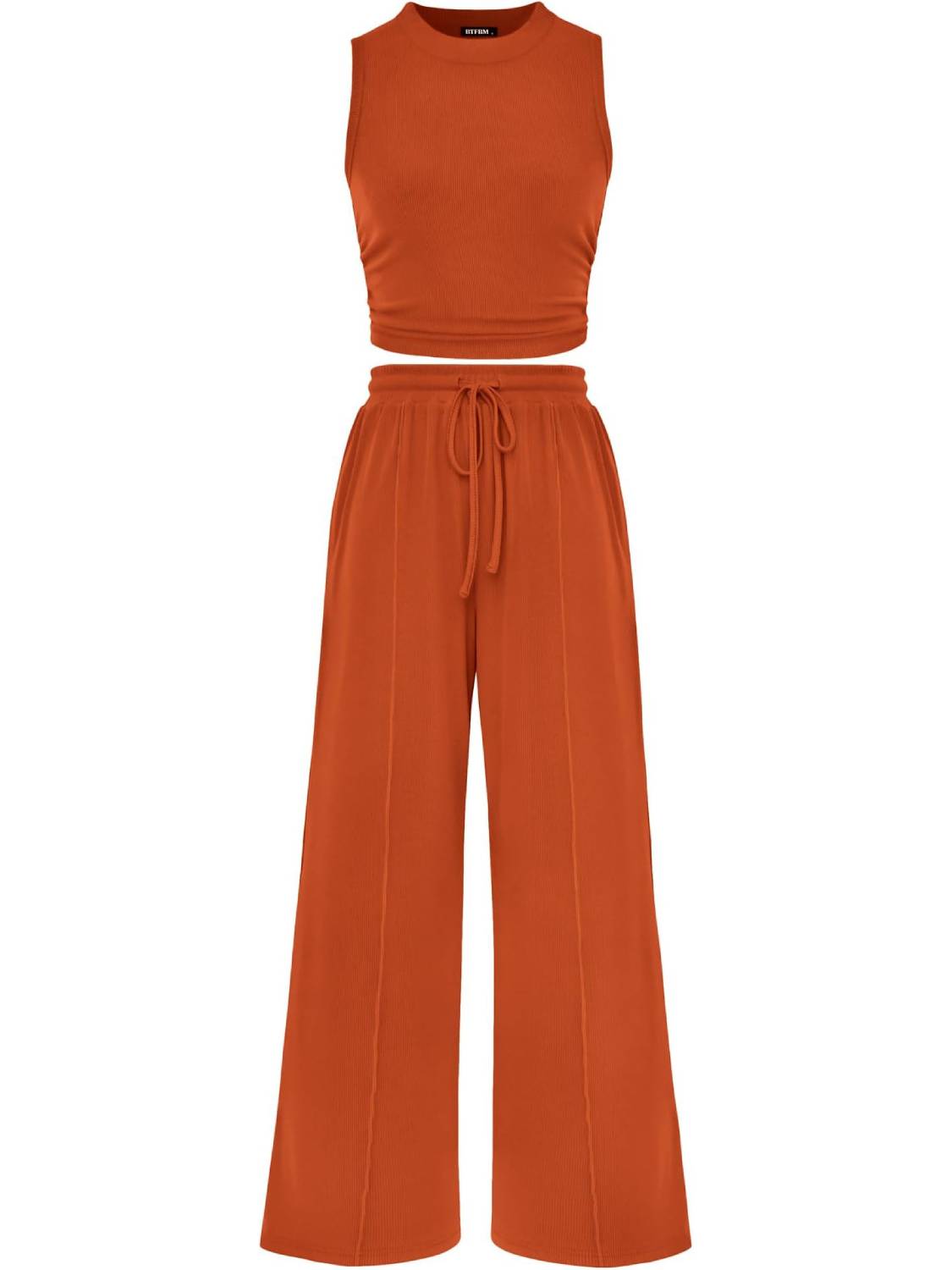Women Sleeveless Cropped Top Elastic Waist Wide Leg Pants 2 Piece Set-S.fashion