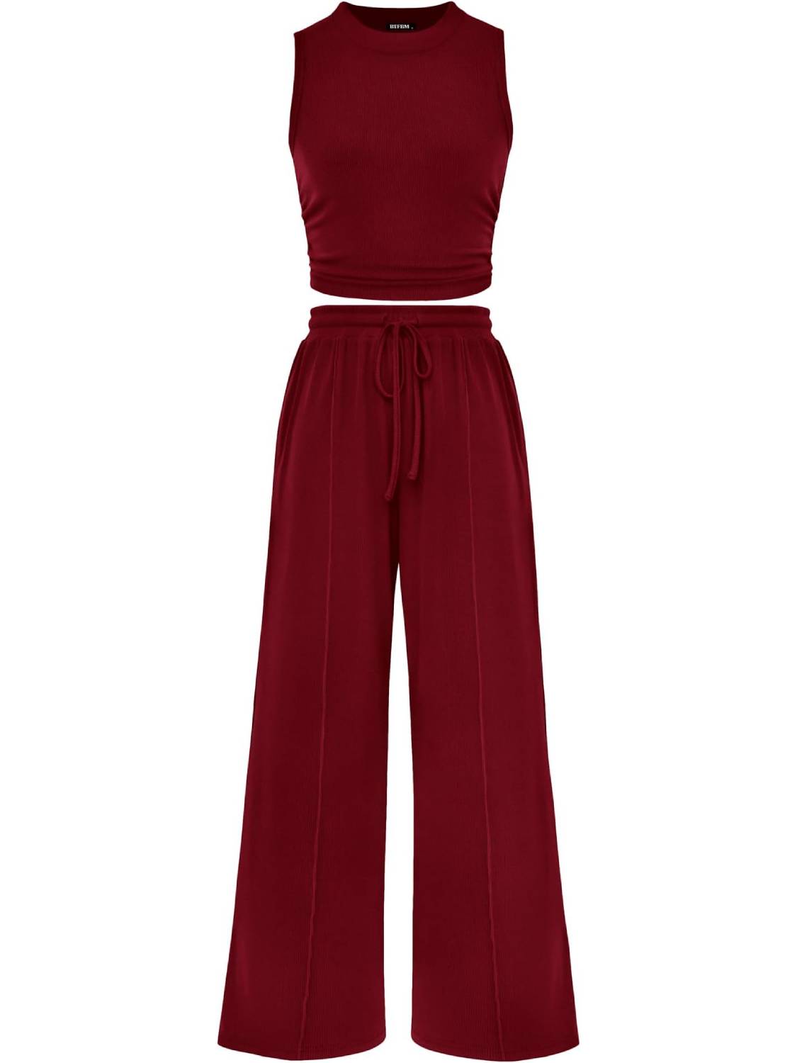 Women Sleeveless Cropped Top Elastic Waist Wide Leg Pants 2 Piece Set-S.fashion