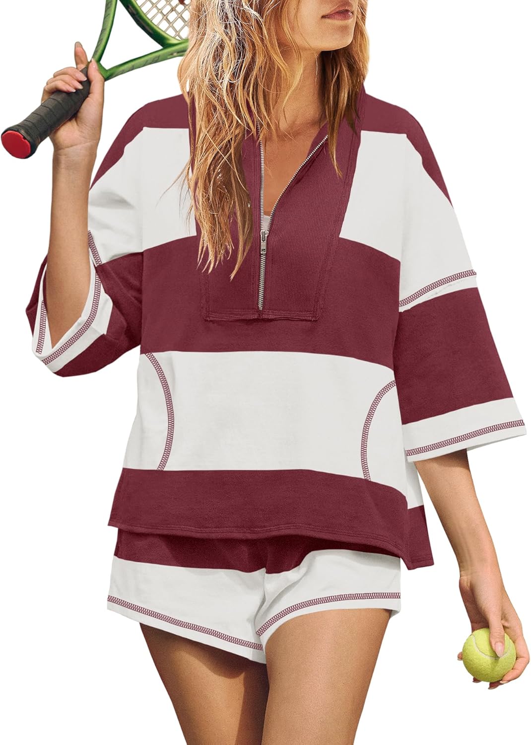 Women's Quarter Zip Color Block Top & Shorts Matching Set-S.fashion