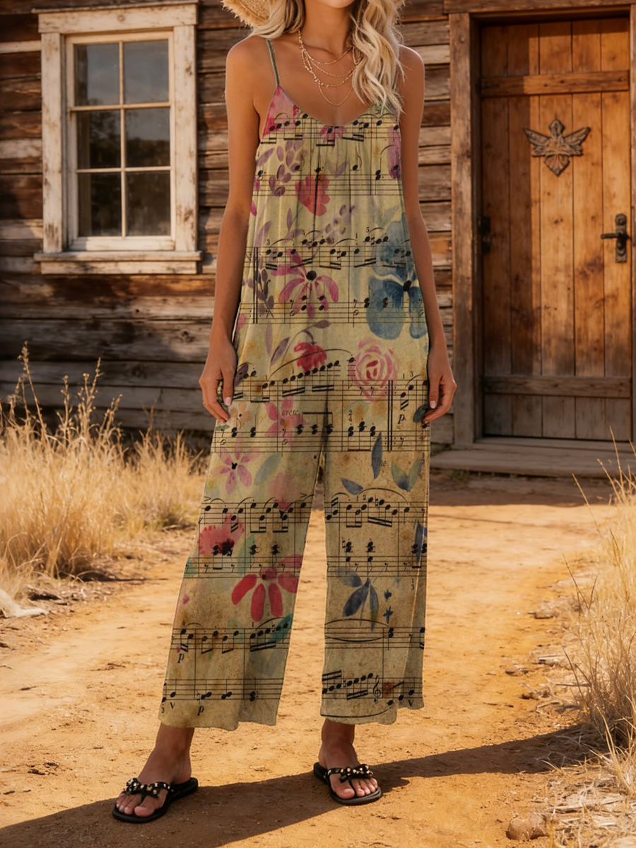Women's Retro Floral And Musical Sheet Art Print Casual Camisole Jumpsuit-S.fashion
