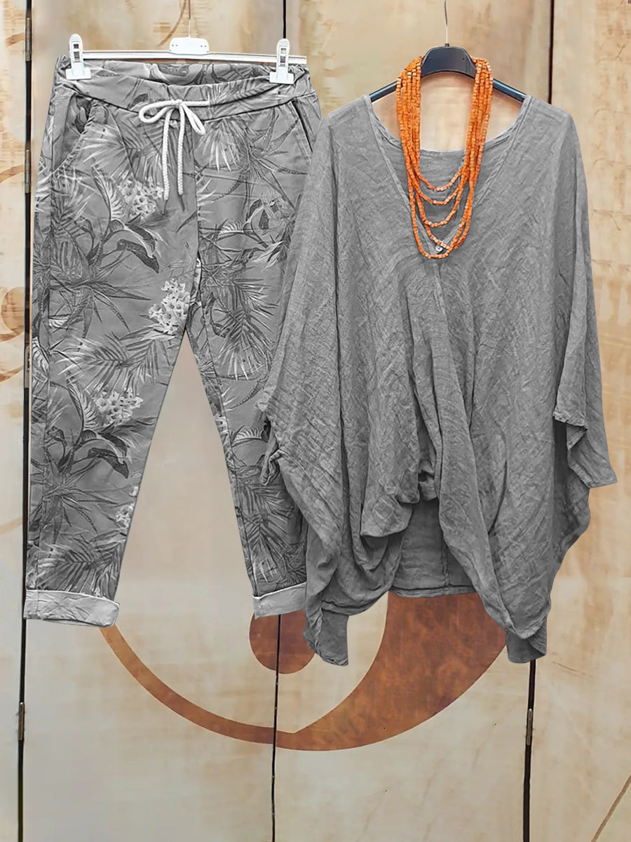 Loosen Solid Color Top With Flower Printed Pants Set-S.fashion