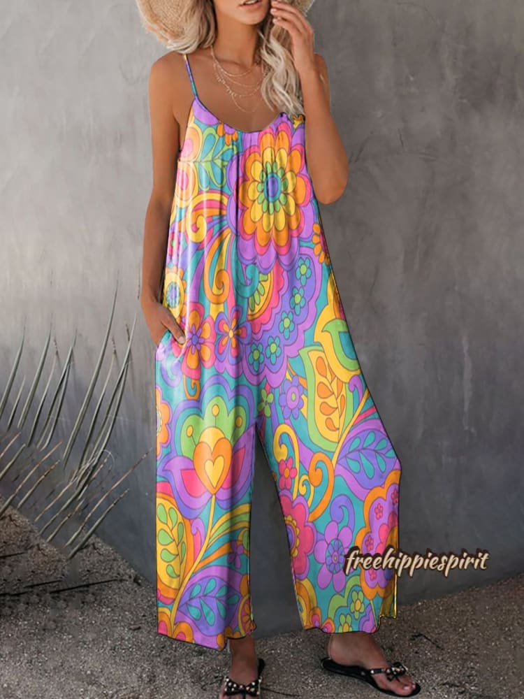 Women's Hippie Print Casual Strap Wide Leg Pants-S.fashion