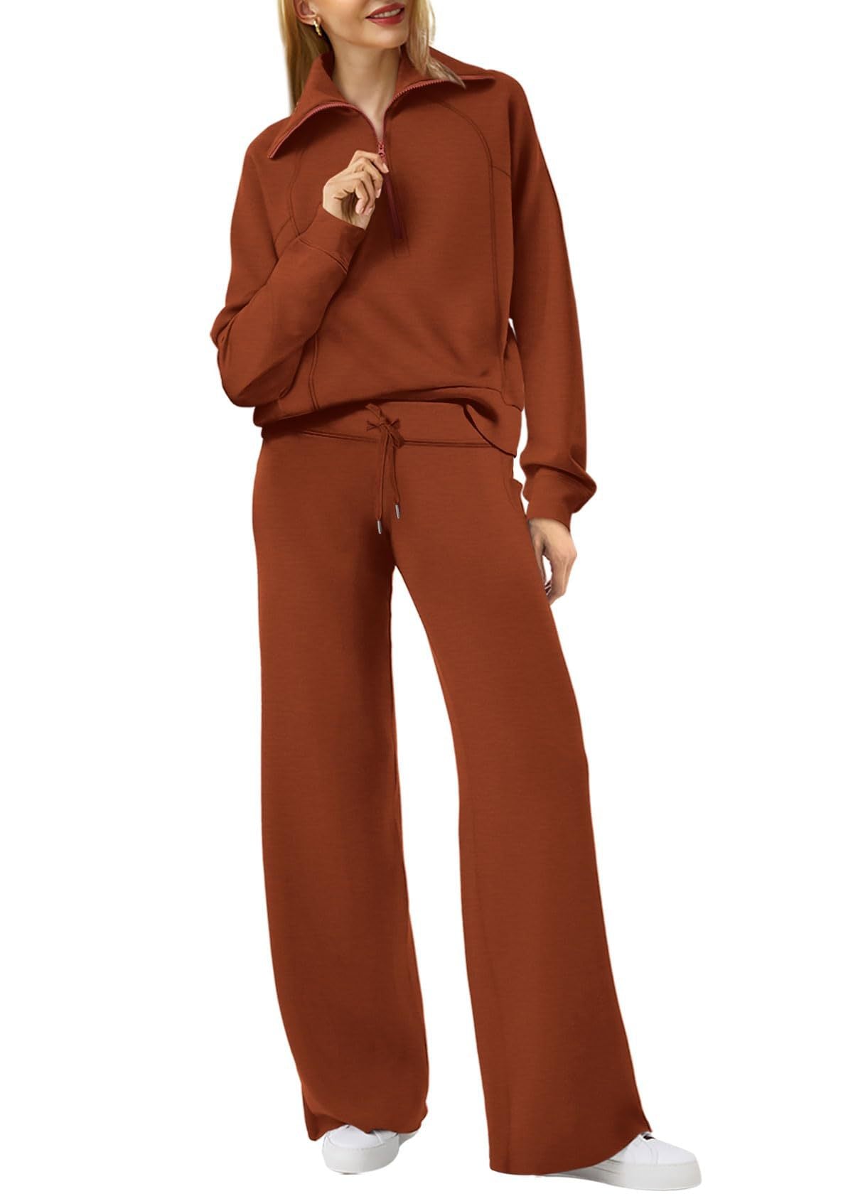 Women's 2 Piece Lounge Matching Set Wide Leg Sweatpant Half Zip Sweatshirt-S.fashion