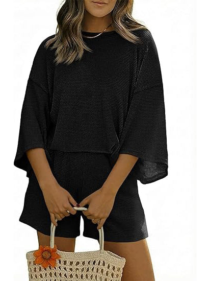 Women's Waffle Knit 3/4 Sleeve 2 Piece Lounge Set-S.fashion