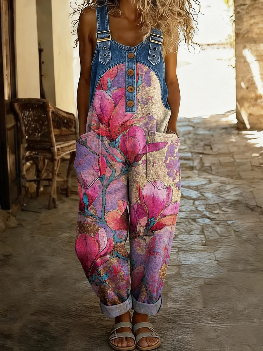 Women's Retro Ethnic Floral Art Print Casual Strappy Denim Jumpsuit-S.fashion