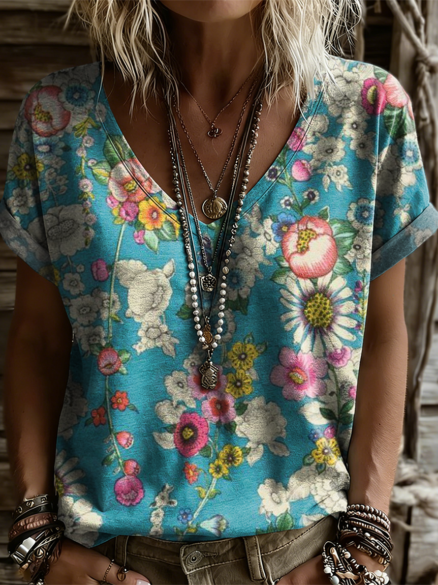 Women's Retro Ethnic Floral Art Print Casual Short-sleeve V-neck T-shirt-S.fashion