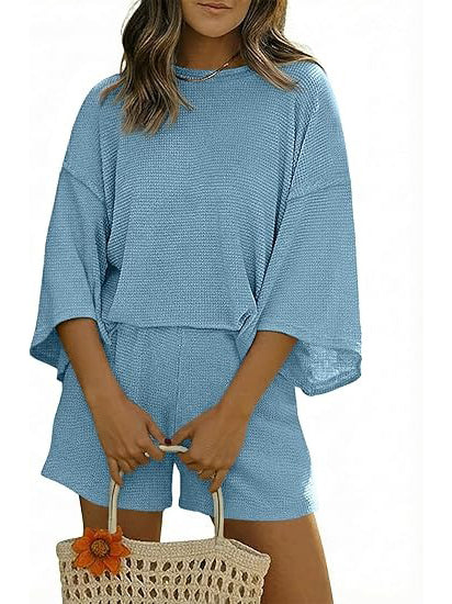 Women's Waffle Knit 3/4 Sleeve 2 Piece Lounge Set-S.fashion