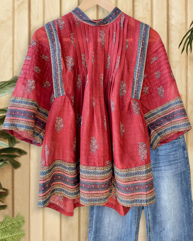 Floral Print Retro Round Neck Pleated Blouse-S.fashion