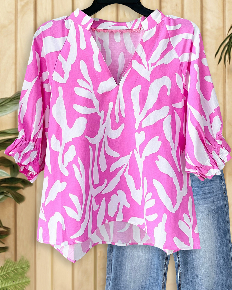 Floral Print Simple V Neck Blouse-S.fashion