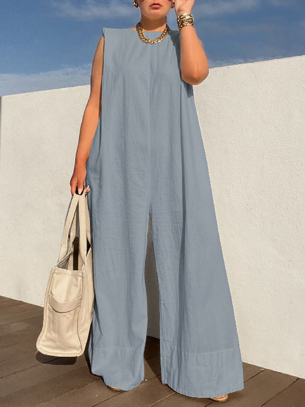 Sleeveless Wide Leg Shoulder Pad Solid Color Jumpsuits-S.fashion