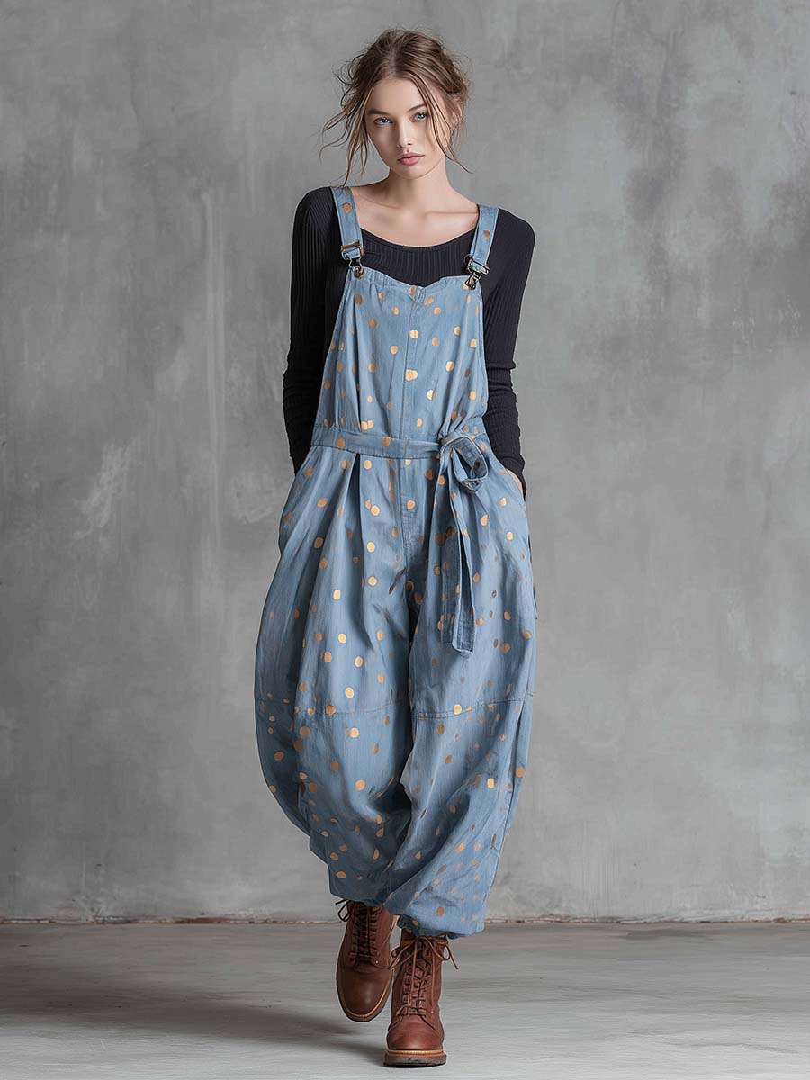 Vintage Fashion Waist Tie  Gold Polka Dots Light Blue Denim Jumpsuit Overalls-S.fashion