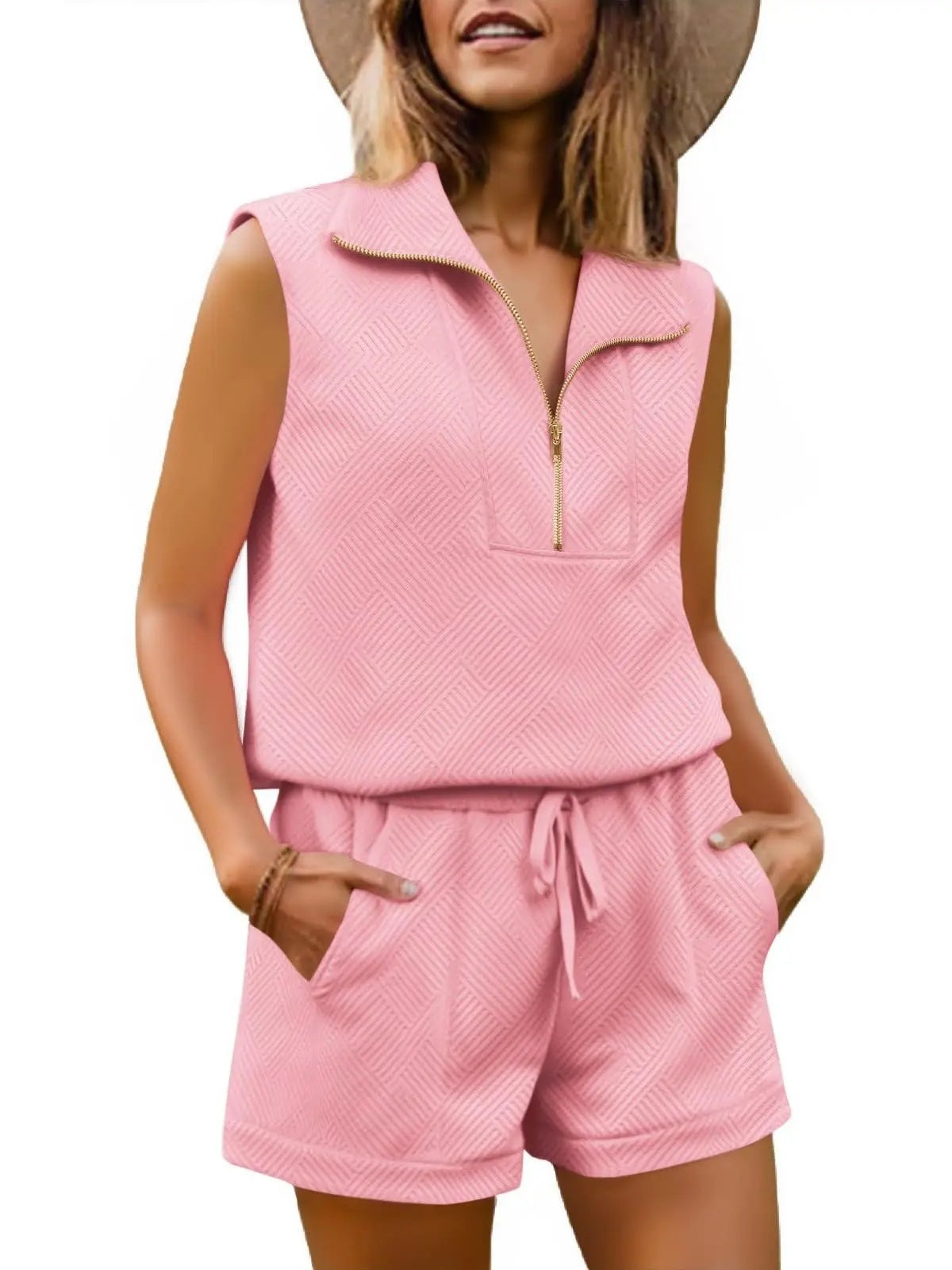 Womens 2 Piece Outfits  extured Quarter-Zip Sleeveless Tops with Shorts-S.fashion