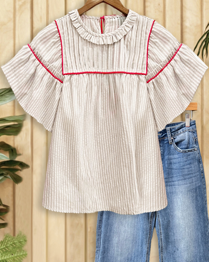 Vertical Striped Pretty Ruffled Trumpet Sleeve Blouse-S.fashion