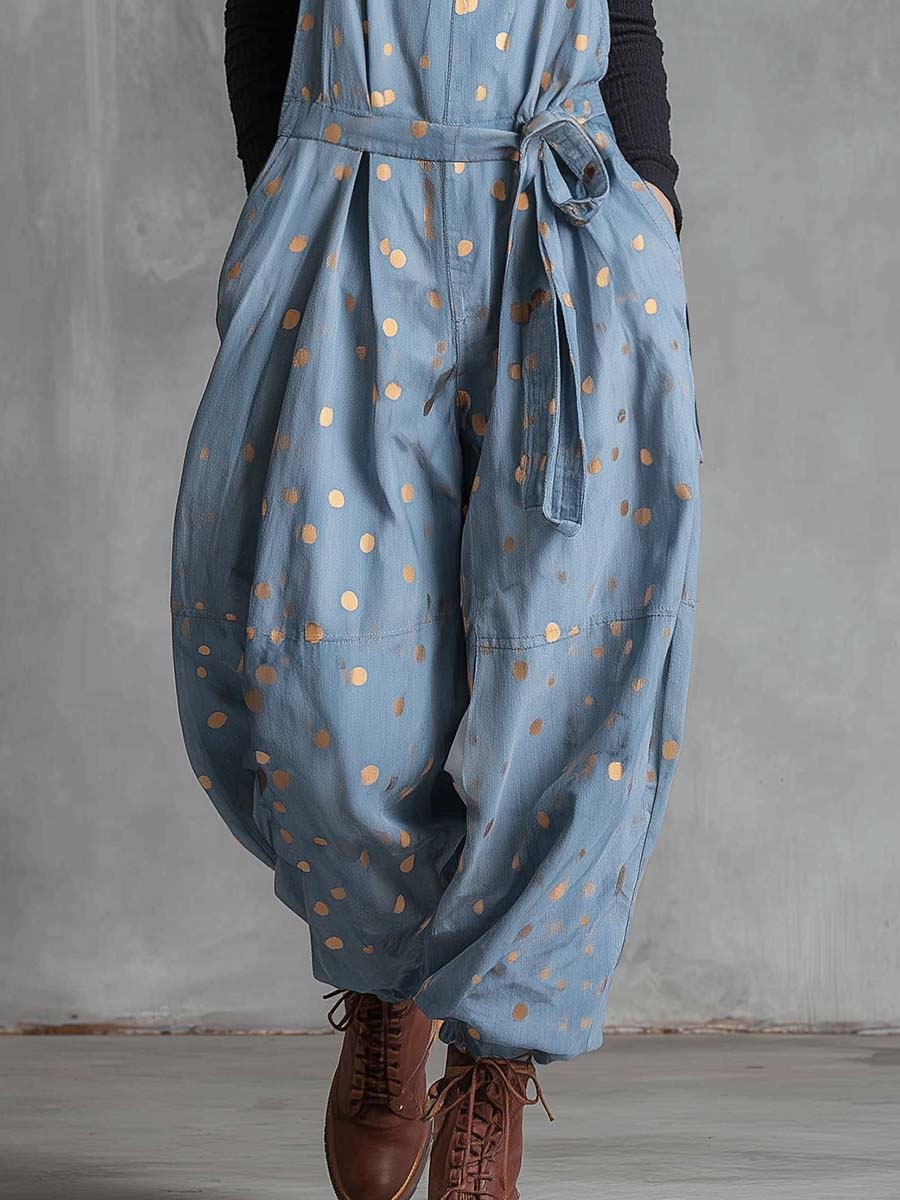 Vintage Fashion Waist Tie  Gold Polka Dots Light Blue Denim Jumpsuit Overalls-S.fashion