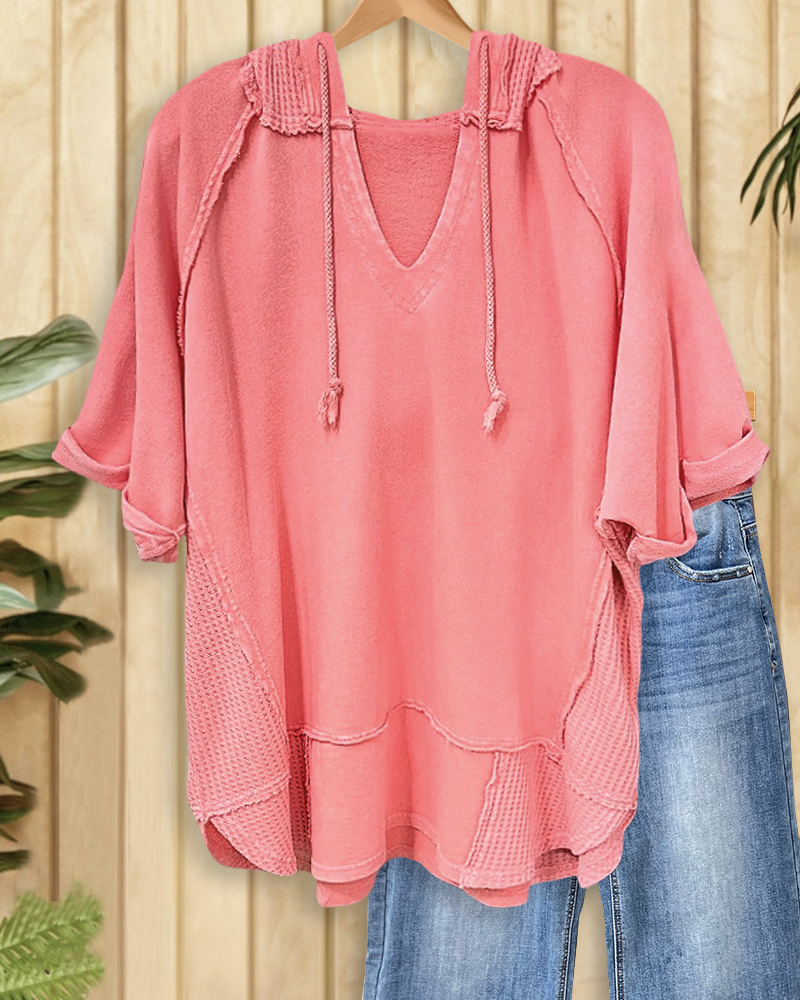 Waffle Patchwork Solid Color Cozy Hooded Seamed Shirt-S.fashion