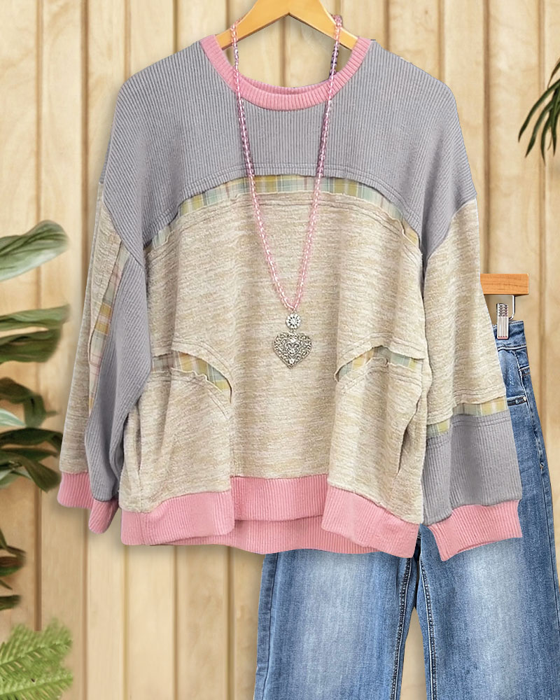Patchwork Color Block Unusual Round Neck Blouse-S.fashion