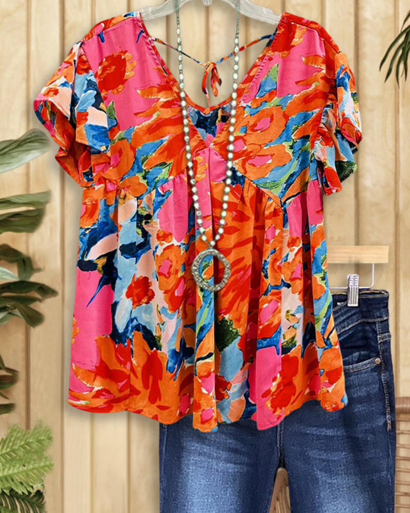 Abstract Pink Combo Babydoll Top-S.fashion