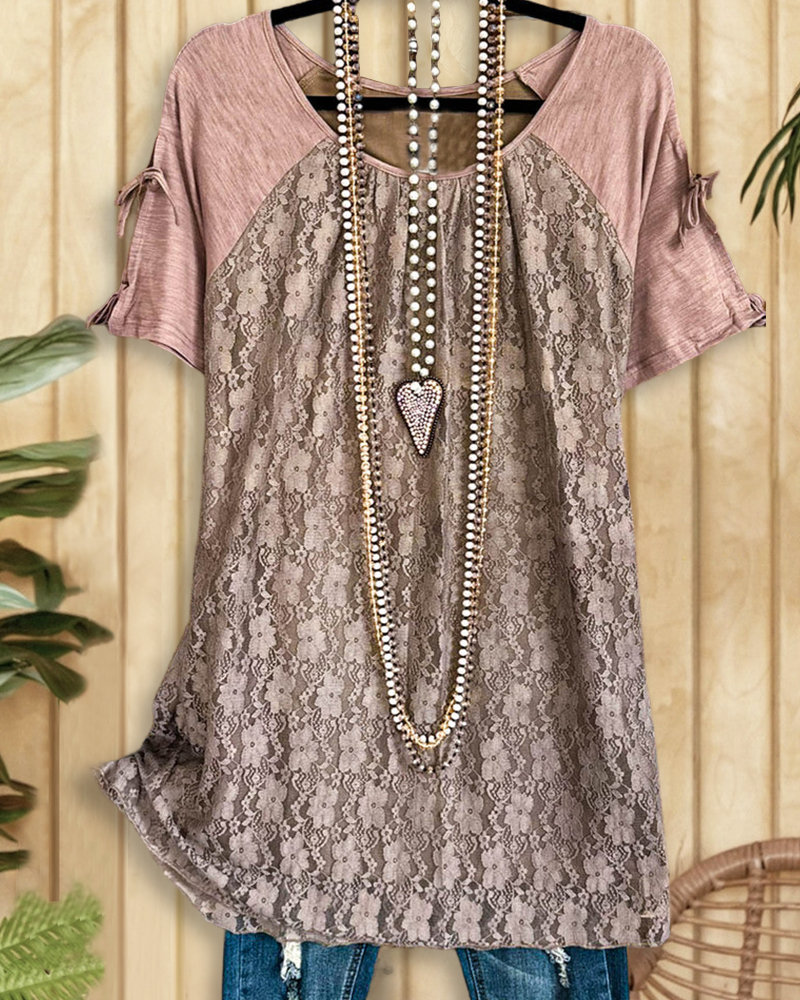 Lace Patchwork Urban Raglan Sleeve Lace-Up T-Shirt-S.fashion