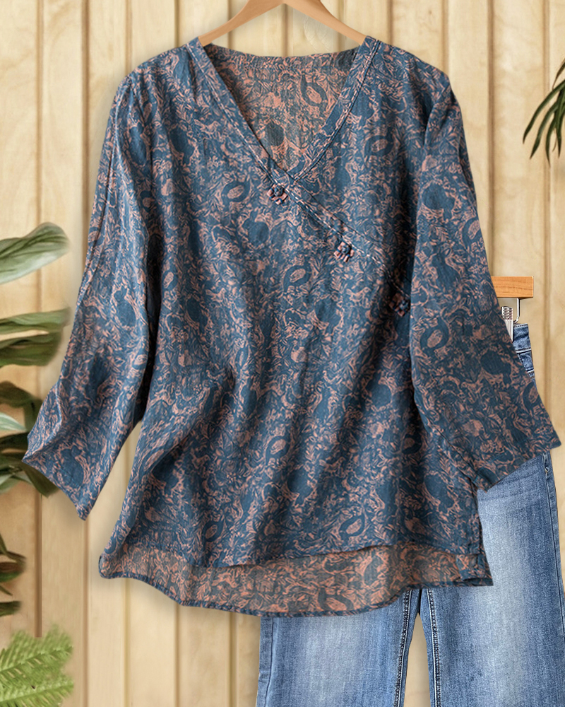 Floral Print Ethnic V Neck Blouse-S.fashion