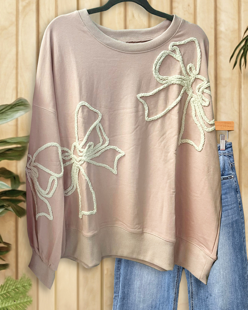 Hit Color Bow Applique Sweet Drop-Shoulder Blouse-S.fashion