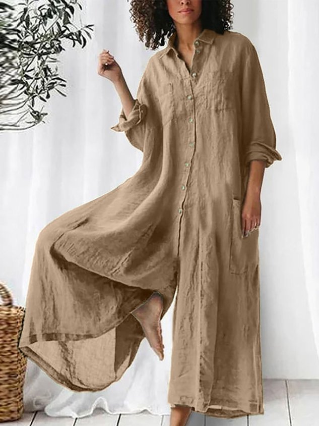 Women Plain Shawl Collar Long Sleeve Casual Spring/Fall Cotton-Blend Jumpsuit-S.fashion