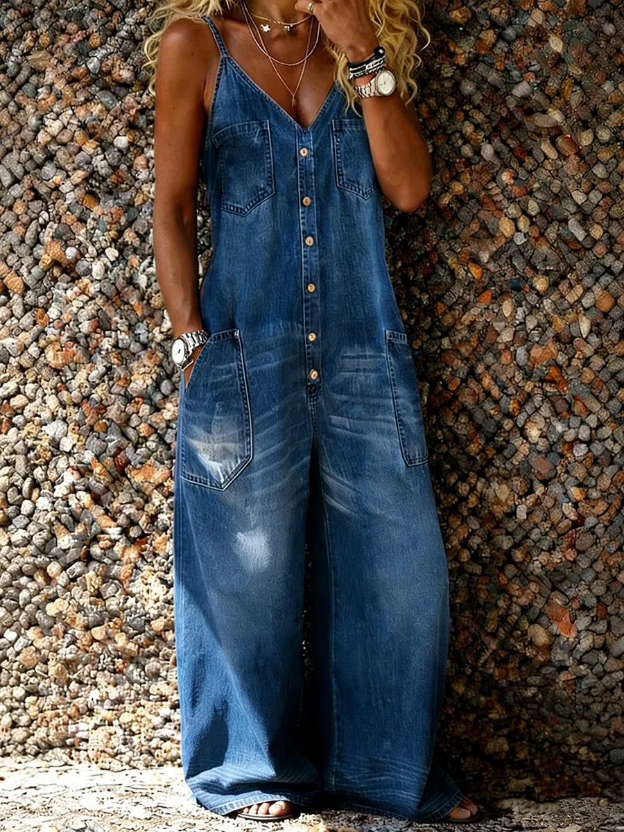 Women's Art Casual Washed Cotton Denim Jumpsuit-S.fashion