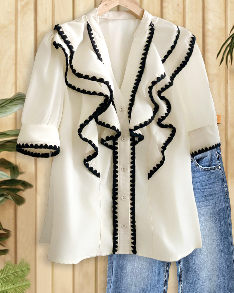 Hit Color Shell Stitch Trim Smart Ruffles Button T-Shirt-S.fashion