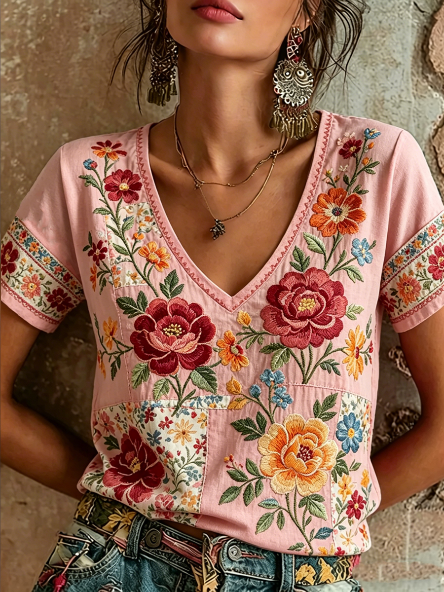 Women's Floral Print linen short-sleeved T-shirt-S.fashion
