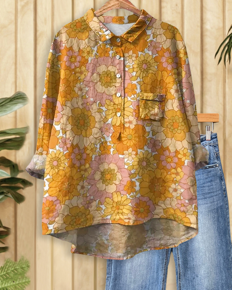 Floral Print Retro Shirt Collar Blouse-S.fashion