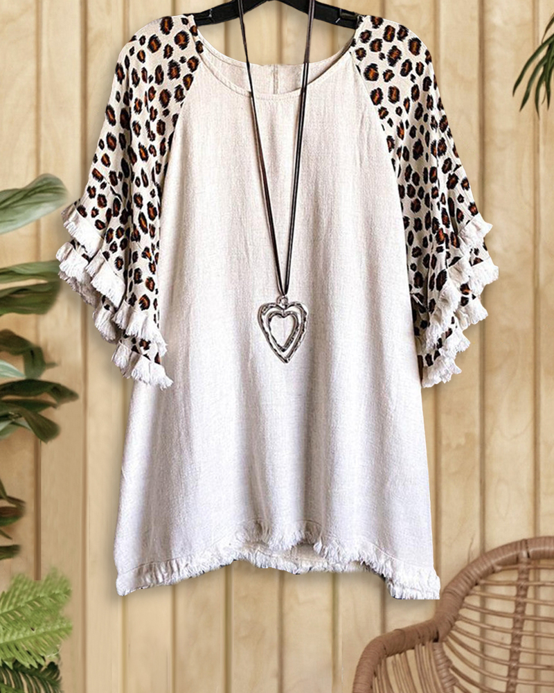 Ruffled Leopard Print Paneled Tee-S.fashion