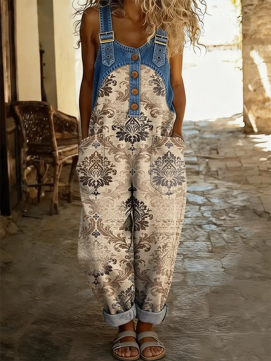 Ethnicity Retro Totem Women's Casual Washed Cotton Denim Patchwork Jumpsuit-S.fashion