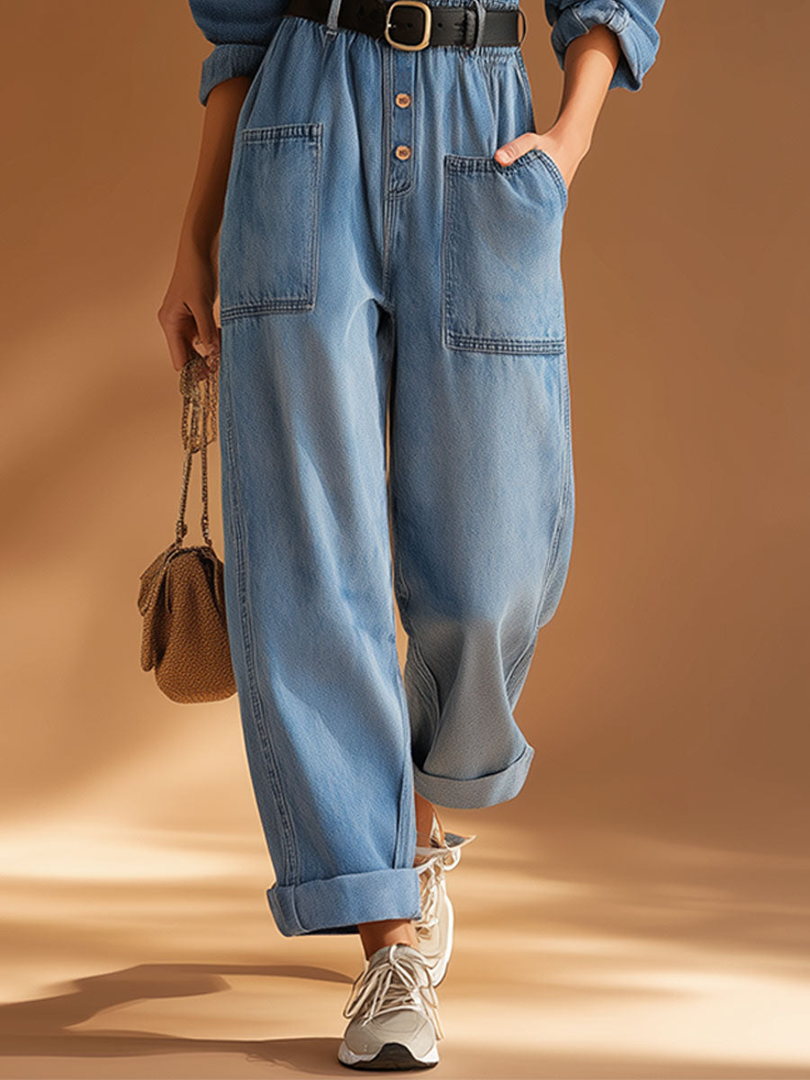Casual Retro Lapel Button-up Blue Denim Long-sleeved Jumpsuit-S.fashion