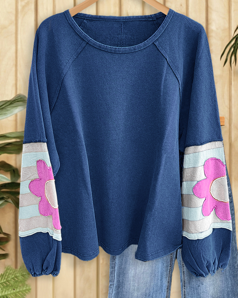 Flower Applique Unique Patchwork Sweatshirt-S.fashion