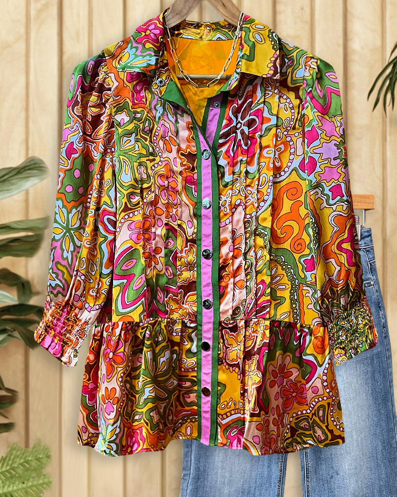 Floral Print Playful Peplum Button Blouse-S.fashion