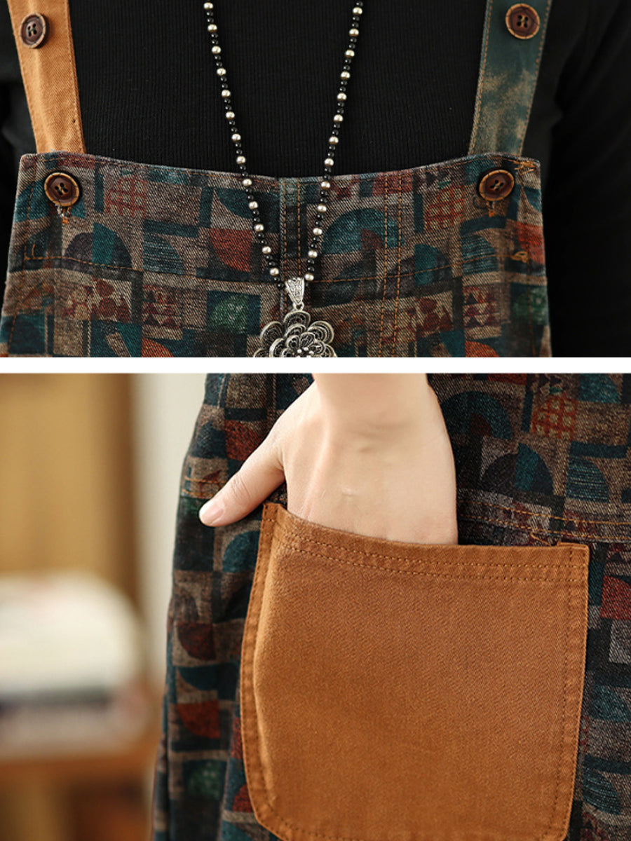 Women Vintage Patchwork Cotton Loose Denim Jumpsuits-S.fashion