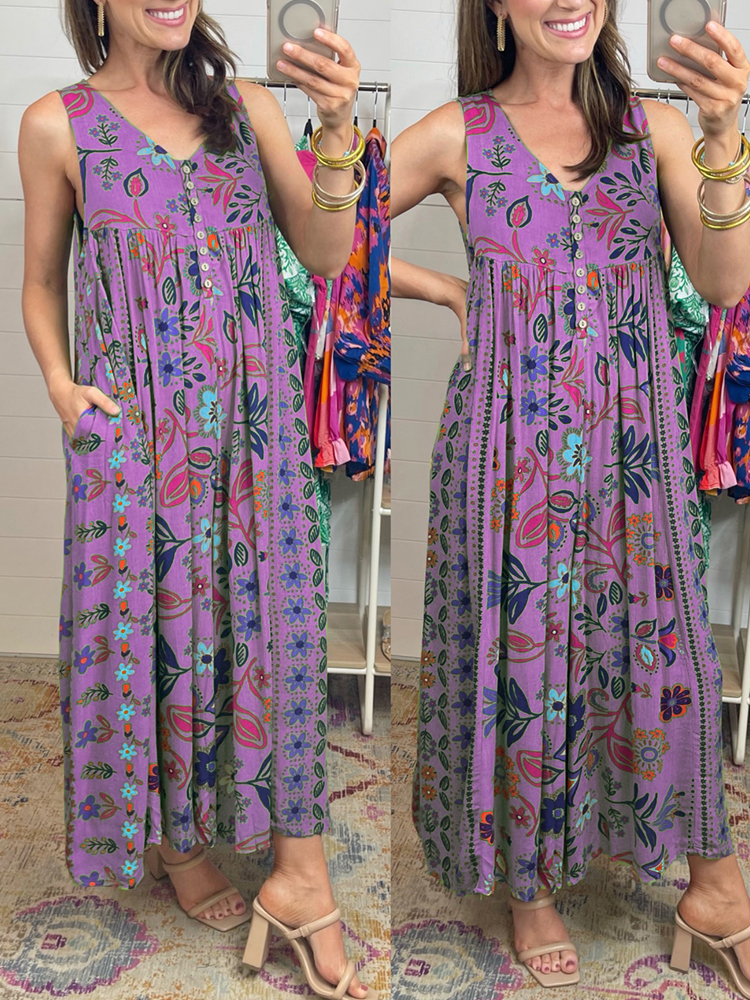 Vintage floral print loose sleeveless jumpsuit-S.fashion