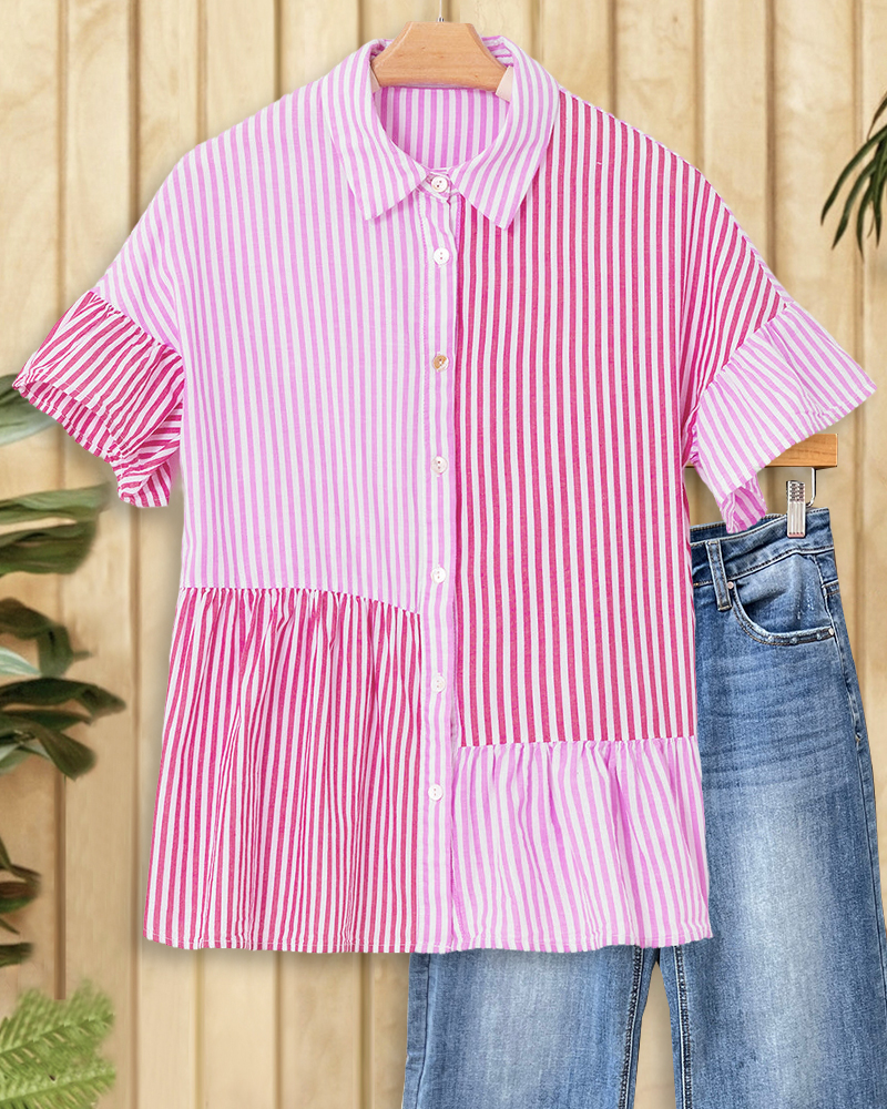 Color Block Striped Bright Ruffles Button Blouse-S.fashion