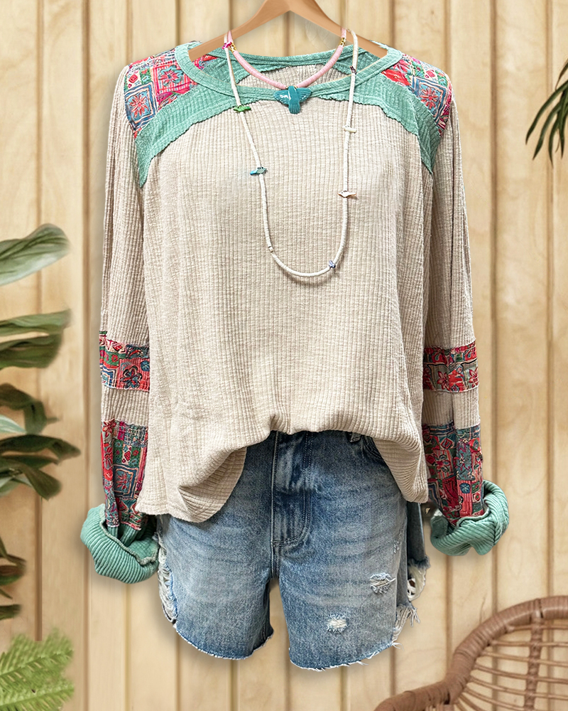 Floral Print Patchwork Color Block Classic Ribbed Blouse-S.fashion