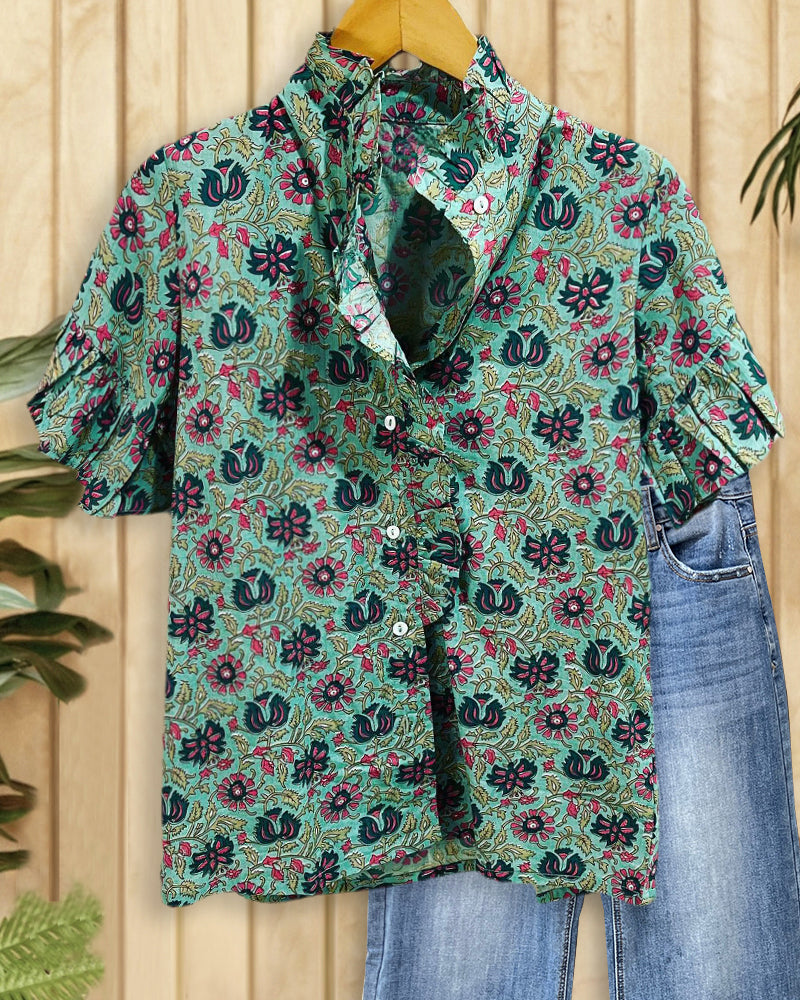Floral Print Elegant Ruffles Trim Button Blouse-S.fashion