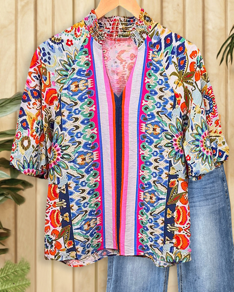 Floral Mixed Print Bold V Neck Puff Sleeve Blouse-S.fashion