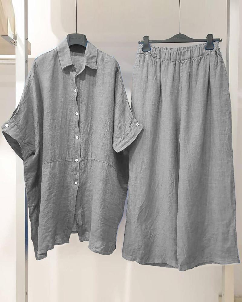 Cotton And Linen Causal Simple Color Two Piece Suit-S.fashion