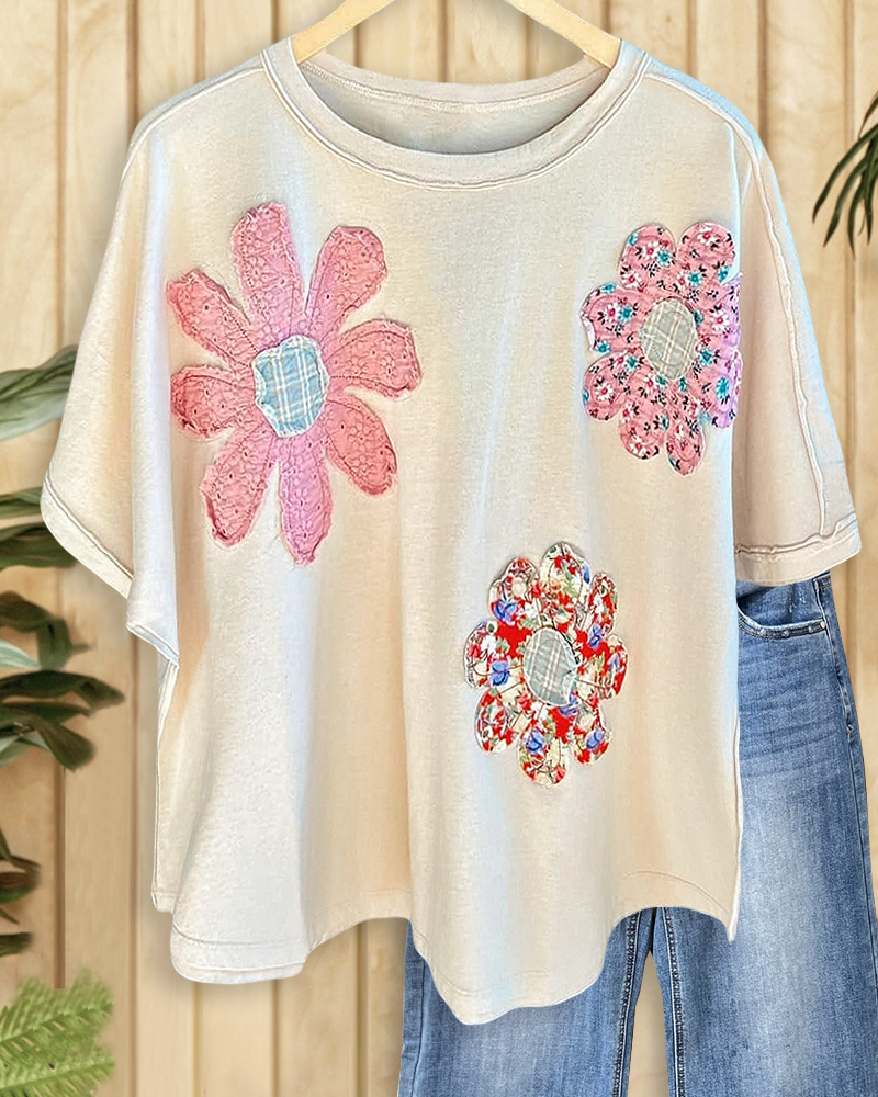 Multiple Floral Print Casual Round Neck Shirt-S.fashion