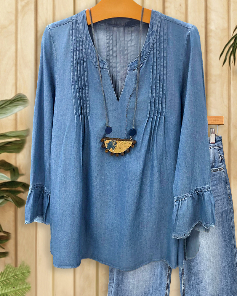 Solid Color V Neck Retro Pleated Frayed Blouse-S.fashion