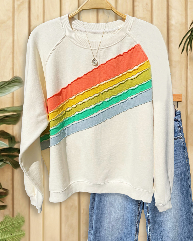 Rainbow Patchwork Casual Round Neck Blouse-S.fashion