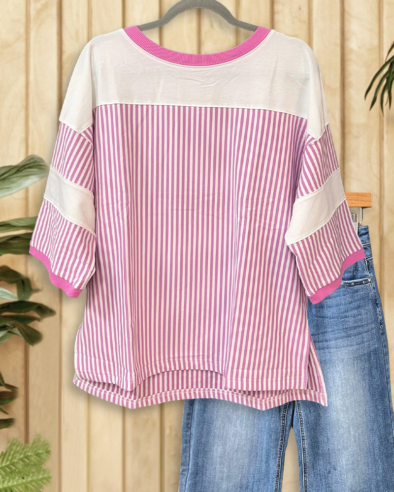 Striped Patchwork Sporty Round Neck Blouse-S.fashion