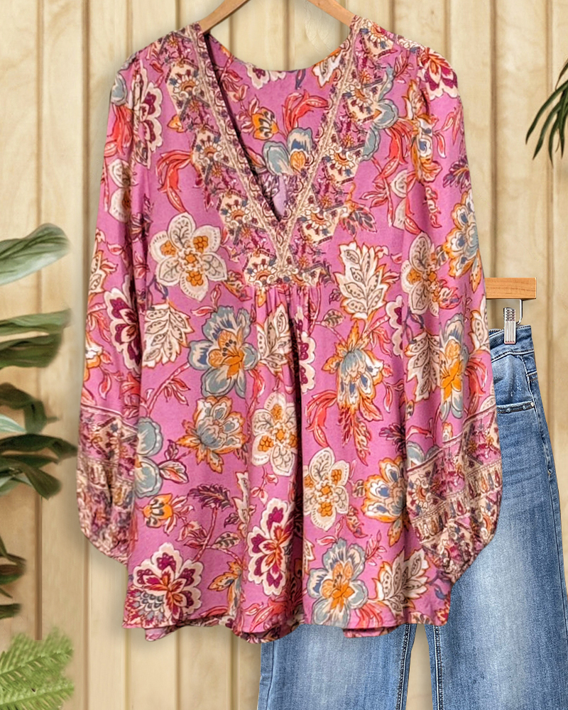 Floral Print Feminine V Neck Blouse-S.fashion