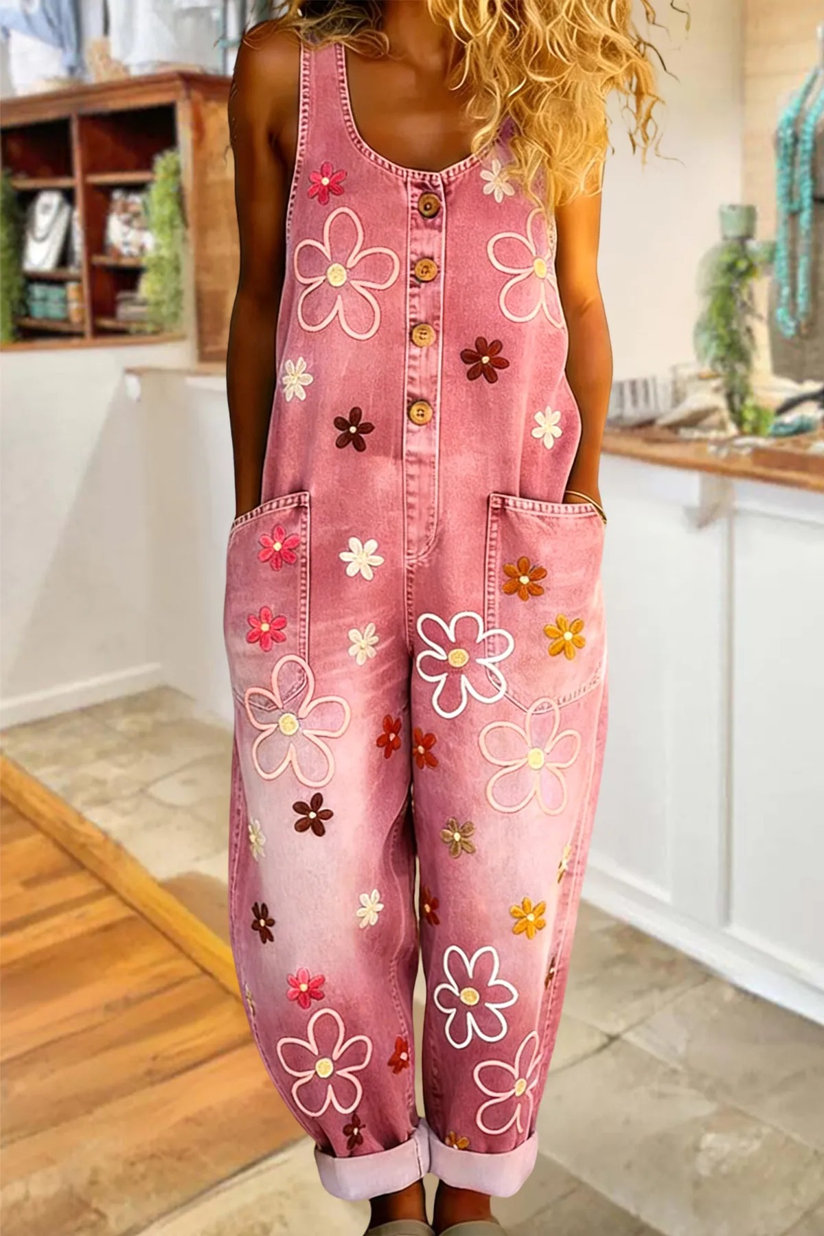 Multicolor Petal-Print Denim Jumpsuit-S.fashion