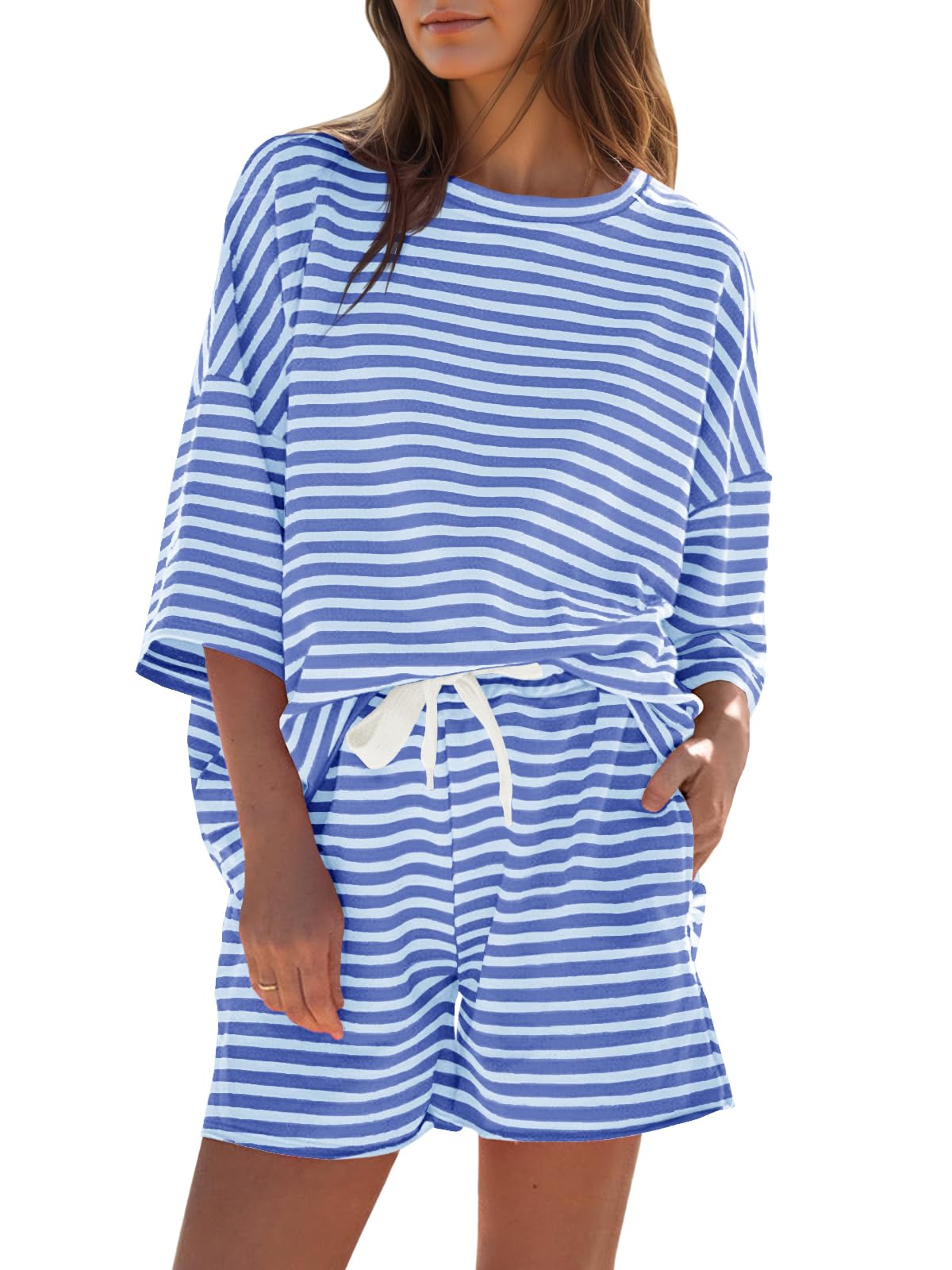 Womens Striped 3/4 Sleeve Oversized Tops High Waisted Shorts Casual Lounge Sets-S.fashion